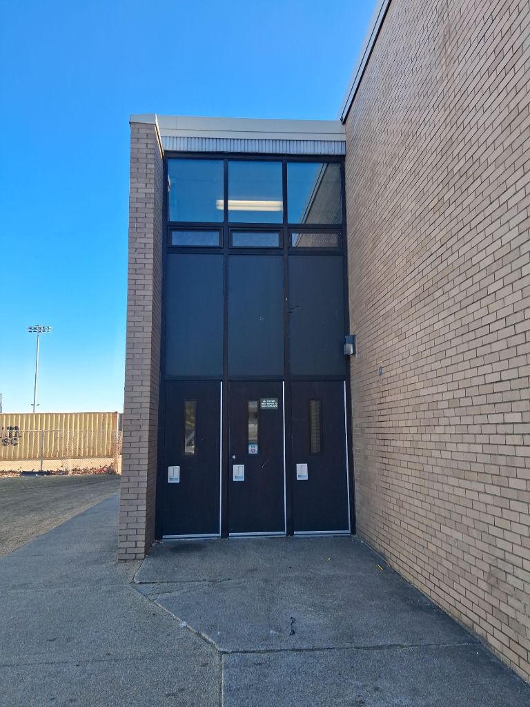 Multi-story commercial glazing system with continuous aluminum-framed glass panels
