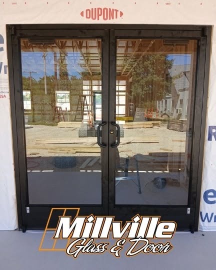 Commercial double glass entry doors with black frame
